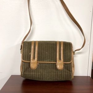 Leather and cloth green/ tan shoulder bag